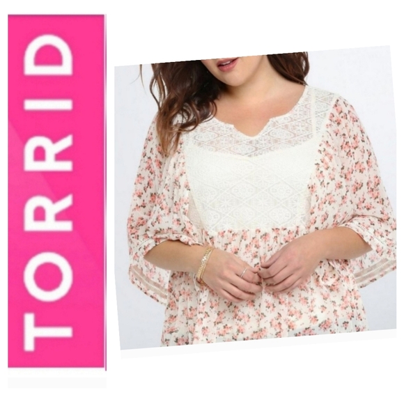 Torrid Lace Inset Chiffon Ivory Blouse - Picture 2 of 13